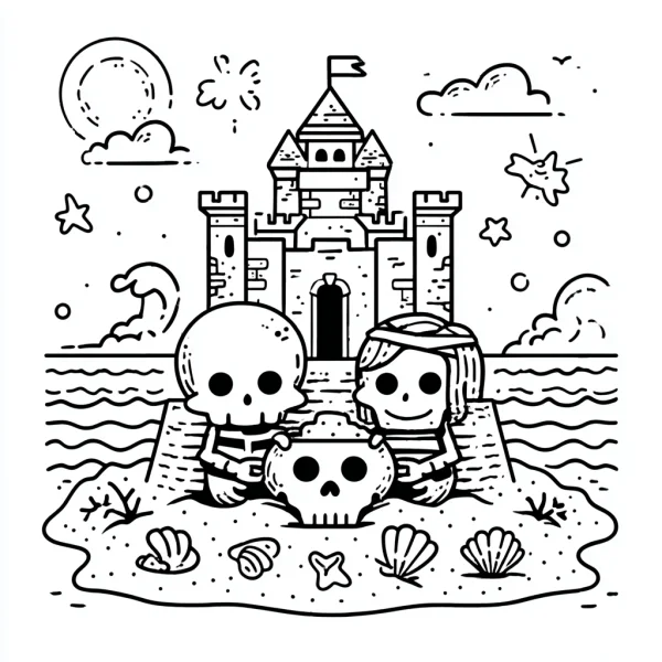 Cute cartoon skeleton family in front of sandcastle on beach, cartoon style — free printable beach coloring book page