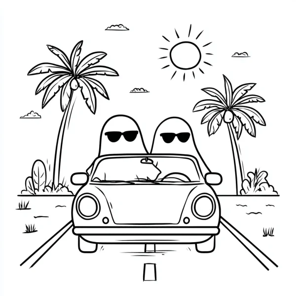 Two ghosts wearing sunglasses driving a car, cartoon style — free printable travel coloring book page