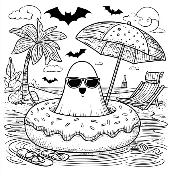 Cute ghost with sunglasses in donut-shaped swim ring, cartoon style — free printable travel coloring book page