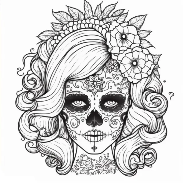 Day of the dead sugar skull woman with curly hair and floral headdress, latin folk art style — free printable latin america coloring book page