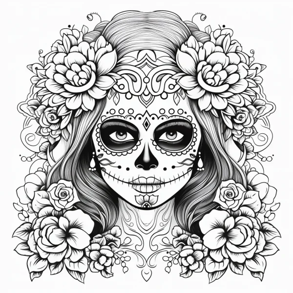 Day of the dead catrina skull woman surrounded by intricate flowers, mexican folk art style — free printable culture coloring book page