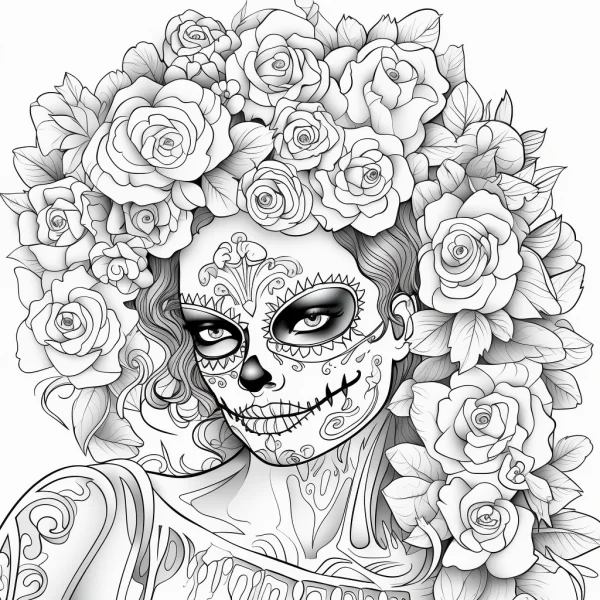 Catrina skull makeup woman with rose flower headdress, latin american cultural style — free printable latin american culture coloring book page