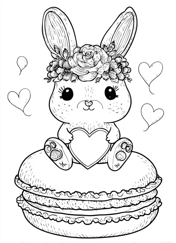 Cute bunny with rose flower crown holding a heart, sitting on a macaron — free printable valentine's day coloring book page