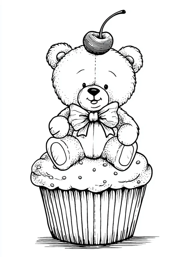Cute teddy bear sitting on a cupcake with a cherry on its head, wearing a bow tie — free printable birthday coloring book page