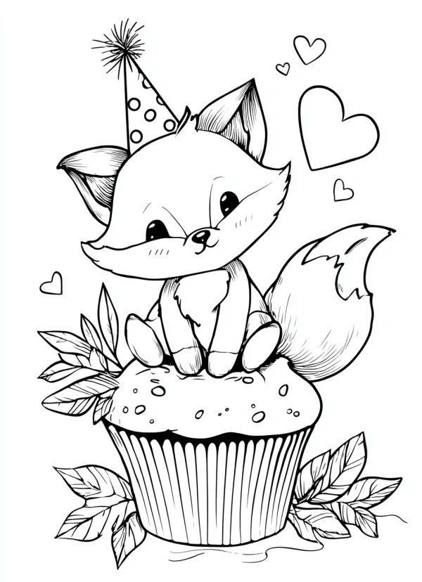Cute fox wearing polka dot party hat sitting on cupcake, cartoon style — free printable birthday coloring book page