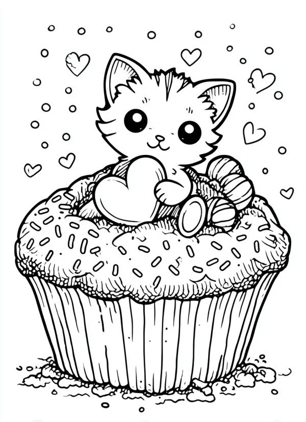 Cute kitten holding heart sitting in a cupcake, cartoon style — free printable innocence coloring book page