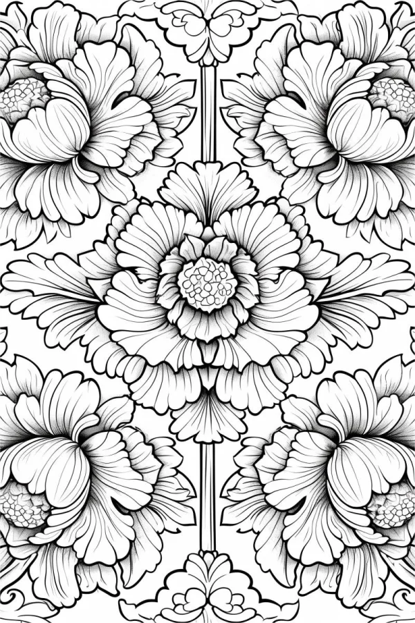 Symmetrical peony floral patterns, decorative art style — free printable decorative art coloring book page