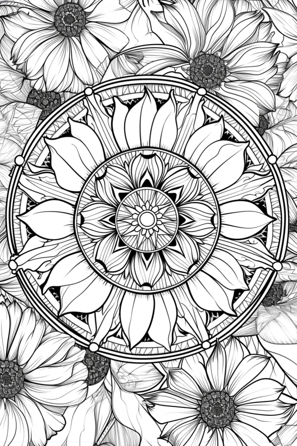 Mandala-style flower at center surrounded by daisy flowers, intricate symmetrical patterns — free printable mandala coloring book page