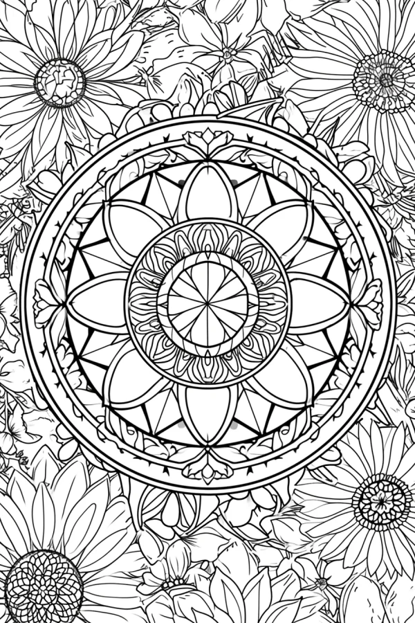 Mandala surrounded by sunflowers and various flowers, decorative art style — free printable mandala coloring book page