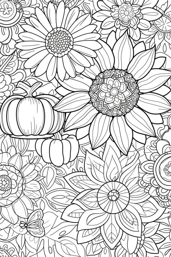 Combination of various flowers and pumpkins, mandala floral patterns — free printable autumn coloring book page