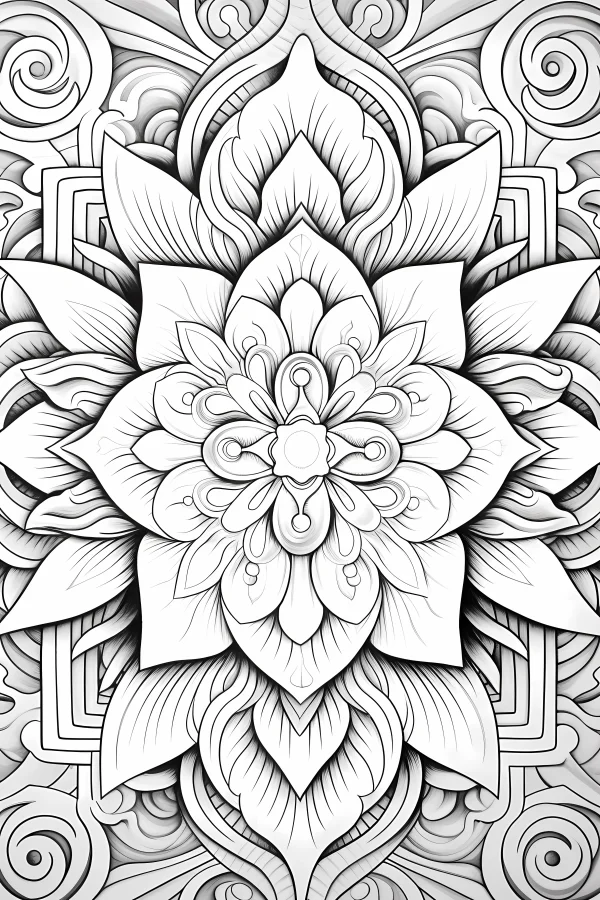 Coloring book page, mandala flower pattern — free printable mandala coloring book page