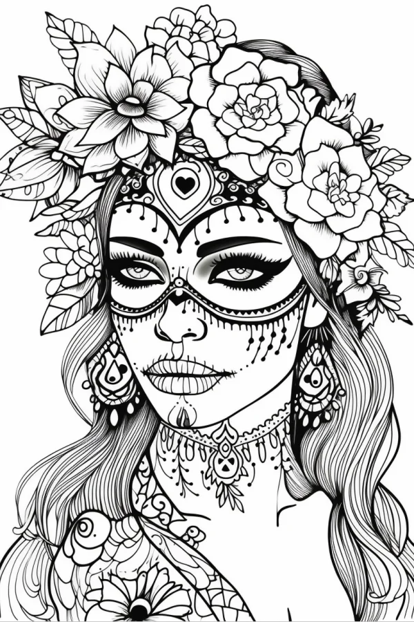 Day of the dead woman with floral crown, mexican folk art style — free printable latin america coloring book page