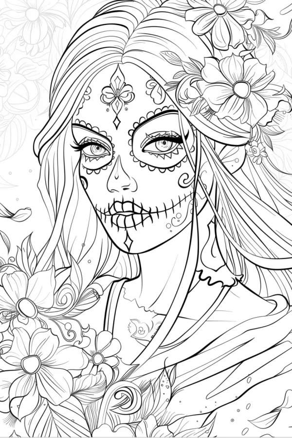 Day of the dead sugar skull girl with long hair, art nouveau and latin cultural style — free printable latin american culture coloring book page