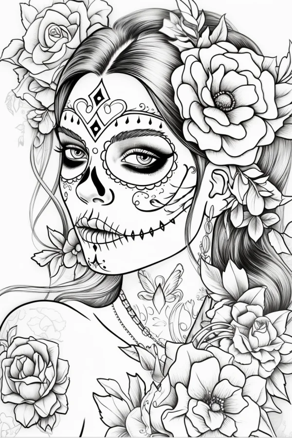 Day of the dead woman with sugar skull makeup, adorned with roses and large flowers — free printable day of the dead coloring book page