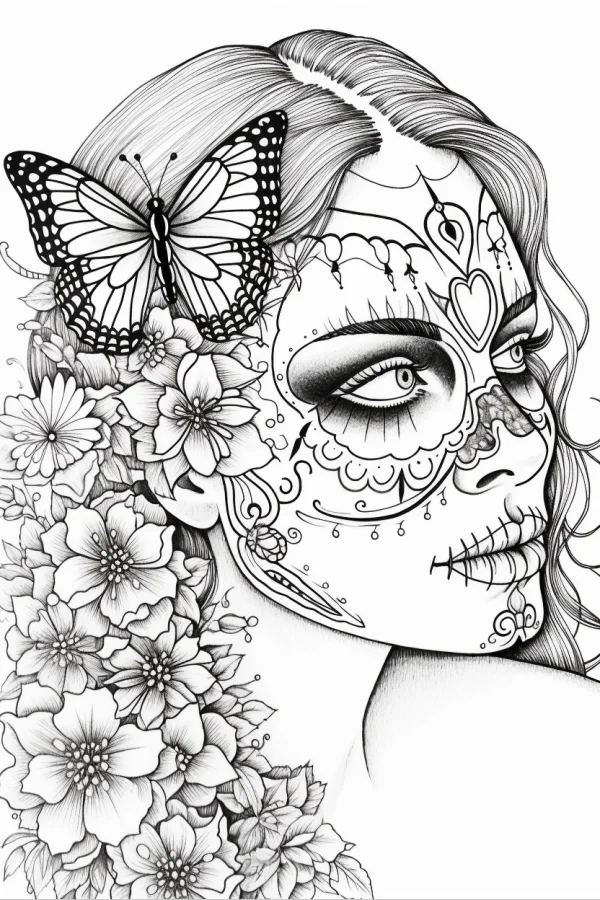 Sugar skull woman with day of the dead makeup, realistic line art style — free printable day of the dead coloring book page