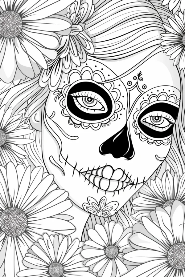 Sugar skull girl with day of the dead makeup, surrounded by daisies and a small butterfly — free printable day of the dead coloring book page