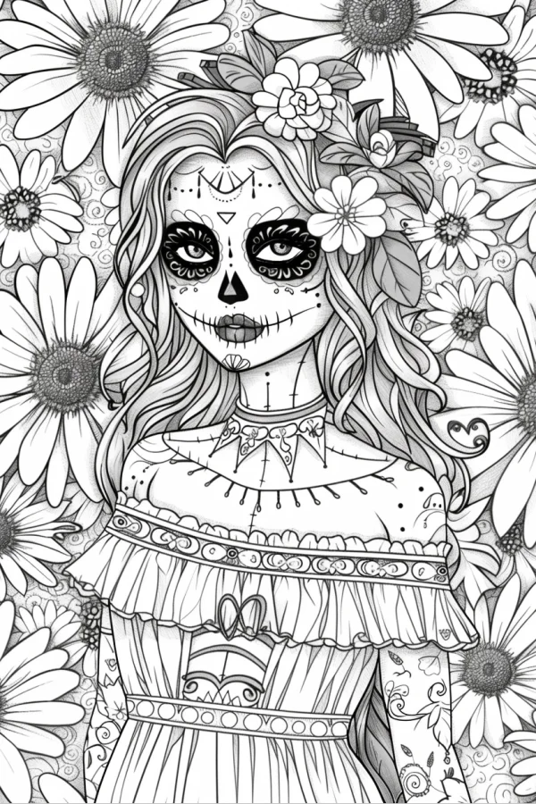 Day of the dead sugar skull girl, surrounded by daisies and small chrysanthemums — free printable day of the dead coloring book page
