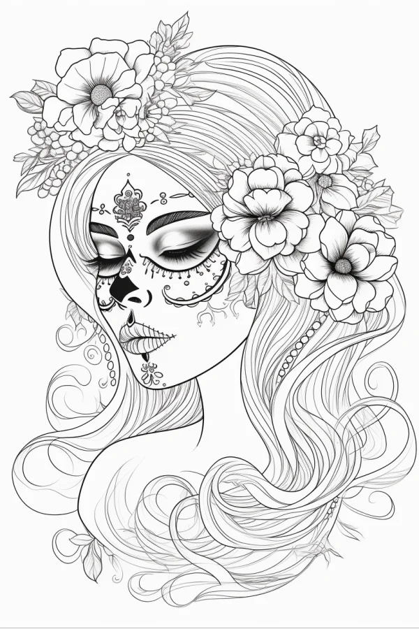 Day of the dead sugar skull girl with long wavy hair adorned with large flowers and buds, latin american folk art style — free printable day of the dead coloring book page