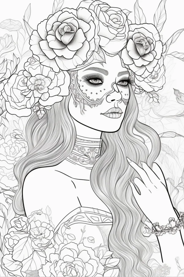 Day of the dead styled long-haired woman with floral headdress, sketch and fantasy style — free printable day of the dead coloring book page