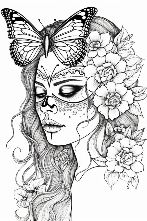 Day of the dead woman with a butterfly on her head and floral wreaths in hair, illustration style — free printable day of the dead coloring book page