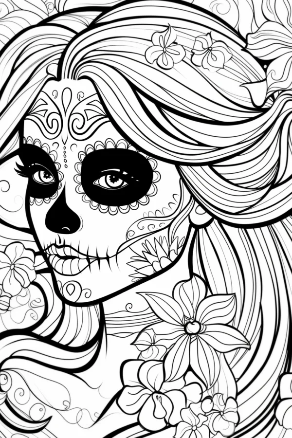 Day of the dead sugar skull woman with long curly hair and surrounding flowers, latin style — free printable day of the dead coloring book page