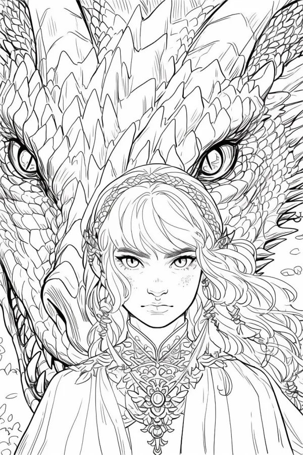 Girl with curly hair and freckles standing in front of a giant detailed dragon, fantasy style — free printable mythology coloring book page