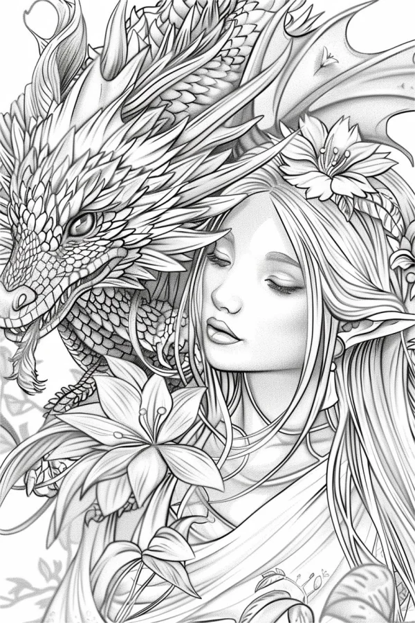 Long-haired elf with a detailed dragon, fantasy illustration style — free printable elves coloring book page