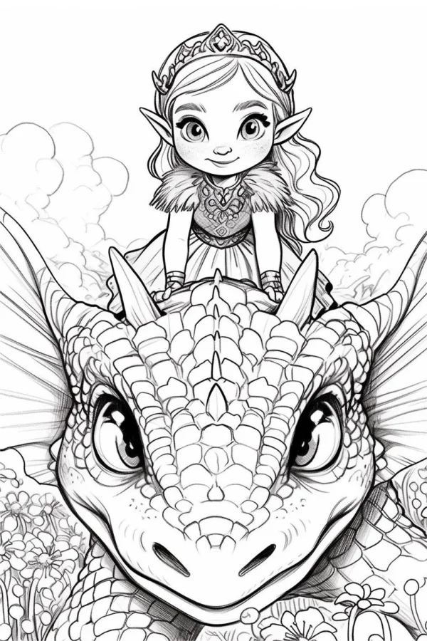 Cute elf girl riding on a baby dragon, cartoon fairy tale style — free printable elves coloring book page