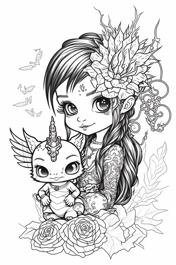 Cute cartoon girl with winged fantasy baby creature, fairy-tale fantasy style — free printable fantasy creatures coloring book page