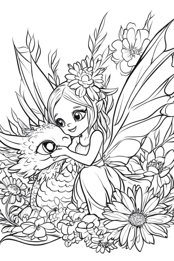 Fairy with fantasy baby dragon, cartoon fairy tale style — free printable fantasy creatures coloring book page