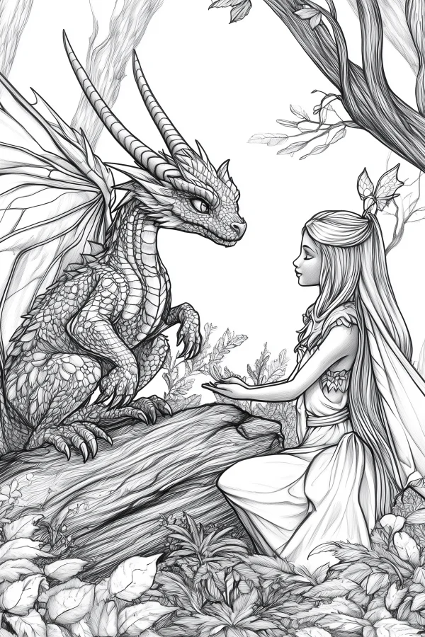 Girl interacting with a dragon in a forest, fantasy illustration style — free printable fantasy creatures coloring book page