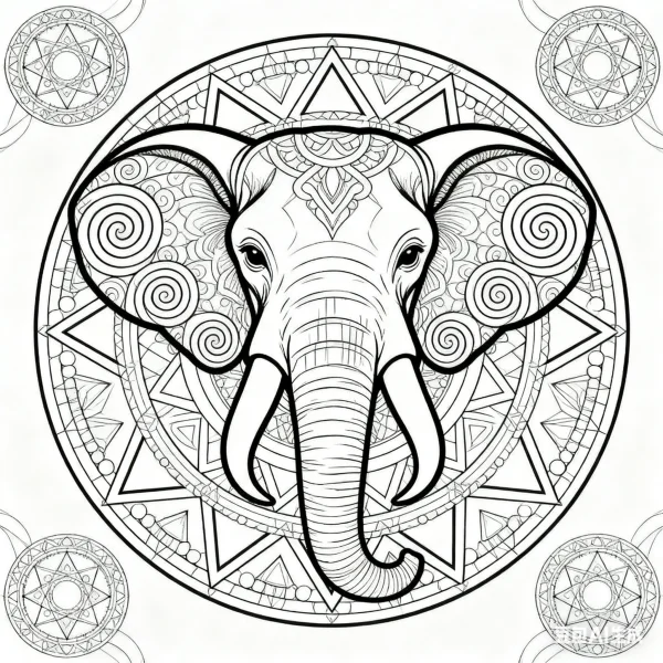 Mandala elephant head, mandala style — free printable mandala coloring book page