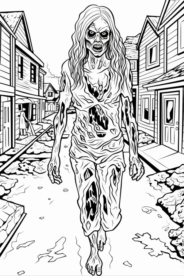 Terrifying zombie with skull face and tattered body, horror illustration style — free printable apocalypse coloring book page