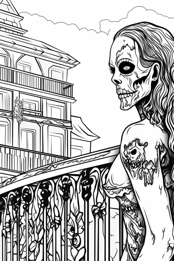 Skeletal woman on ornate iron balcony, gothic horror style — free printable gothic coloring book page