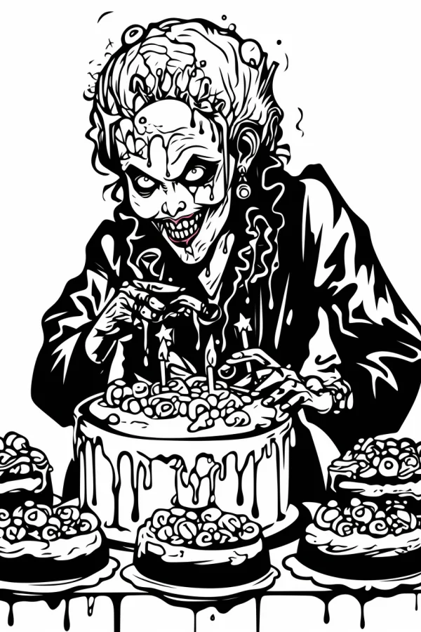 Horror old woman with eyeball cake, gothic horror style — free printable birthday coloring book page
