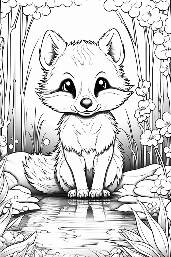 Cute cartoon fox sitting by a stream in a forest, cartoon style — free printable animal theme coloring book page