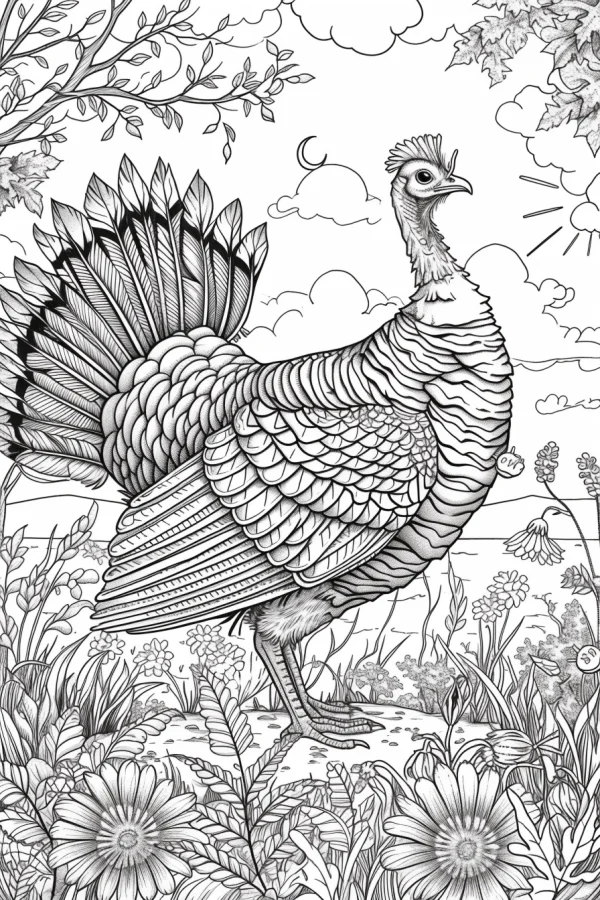 Turkey standing in a flower meadow, realistic line art style — free printable thanksgiving coloring book page
