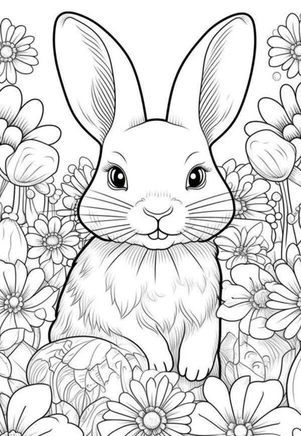 Cute rabbit sitting in flower garden with easter eggs, cartoon illustration style — free printable easter coloring book page