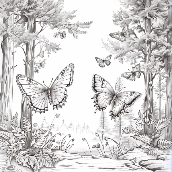 Butterflies in a forest scene with coniferous trees and ferns, realistic sketch style — free printable forest coloring book page