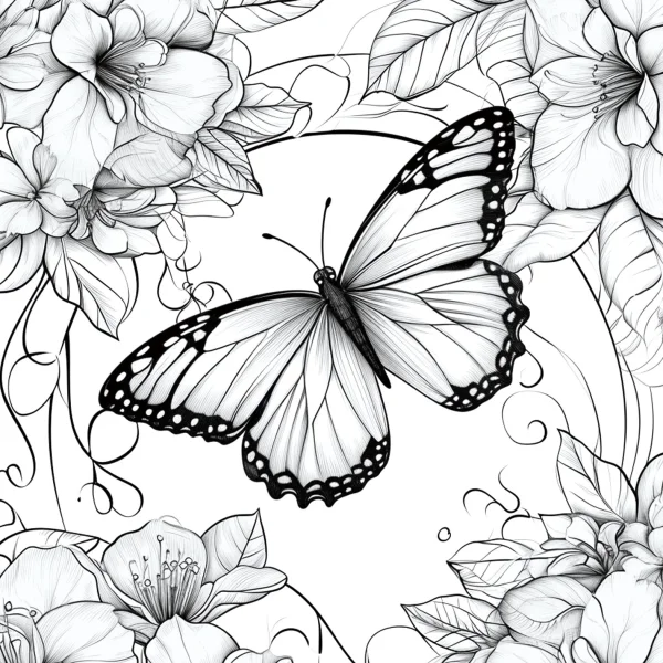 Butterfly surrounded by blooming flowers, sketch line art style — free printable animal theme coloring book page