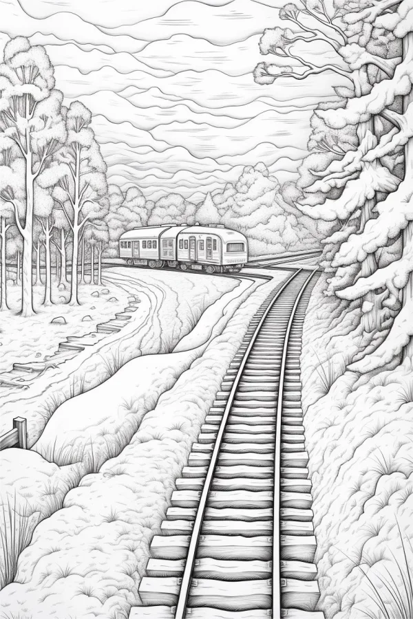 Train in winter snow-covered forest, realistic sketch style — free printable travel coloring book page