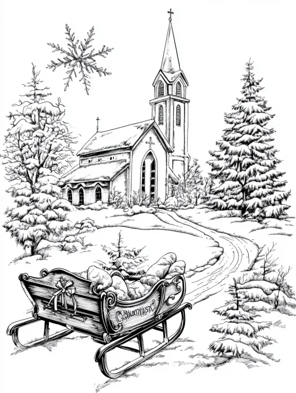Winter christmas church and sleigh, realistic line art style — free printable architecture coloring book page