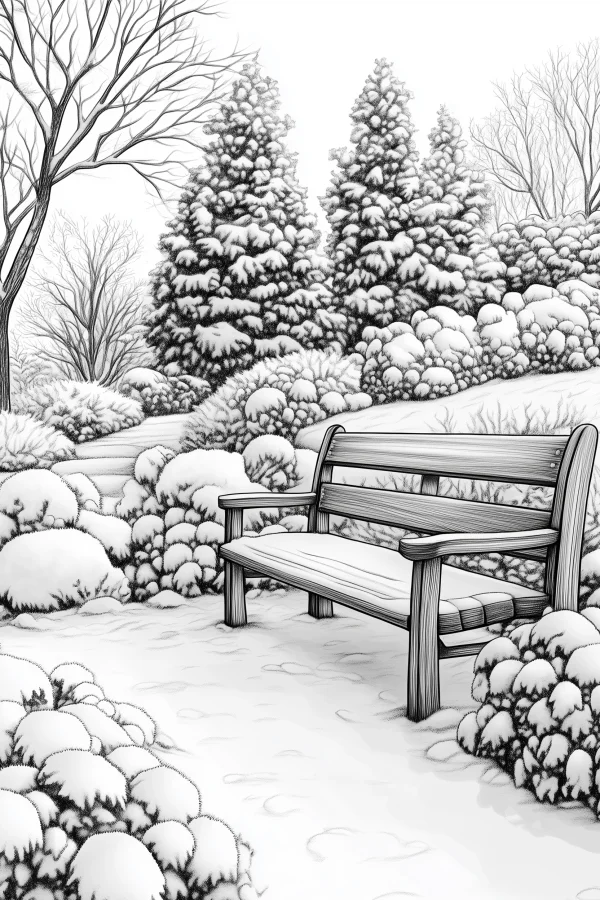 Wooden bench in snowy winter park, realistic sketch style — free printable outdoor leisure coloring book page