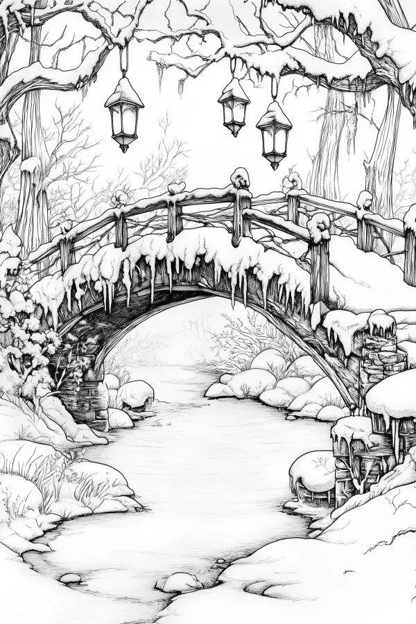 Snow-covered stone bridge in winter forest, sketch style — free printable forest coloring book page