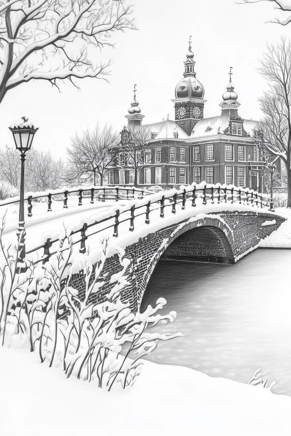 Snowy european clock tower building with stone bridge, realistic style — free printable architecture coloring book page