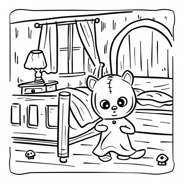 Patched teddy bear doll in bedroom, cartoon style — free printable home living coloring book page