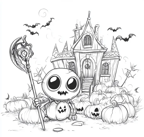 Cute cartoon little skeleton holding a scythe, cartoon style — free printable cartoon coloring book page
