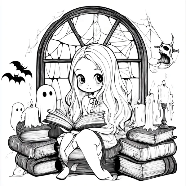 Cute cartoon girl reading a book sitting on stacked books, surrounded by ghosts — free printable reading coloring book page