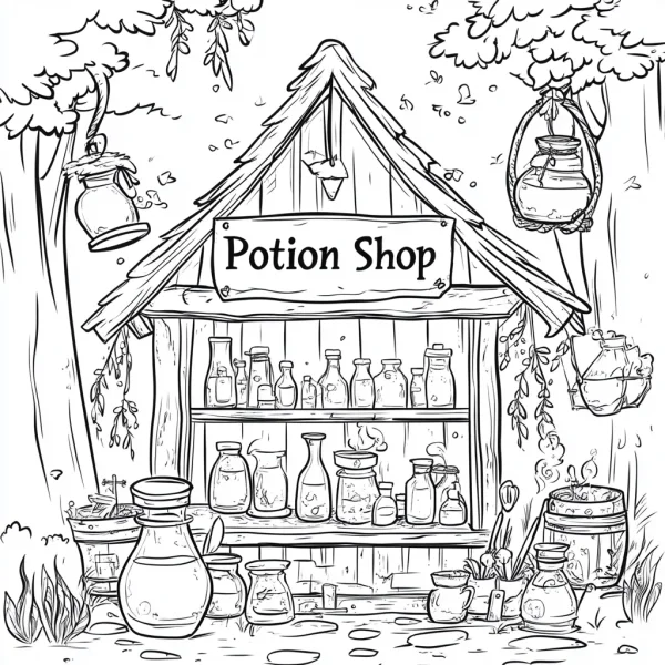 Magic potion shop in a forest, cartoon style — free printable magic coloring book page