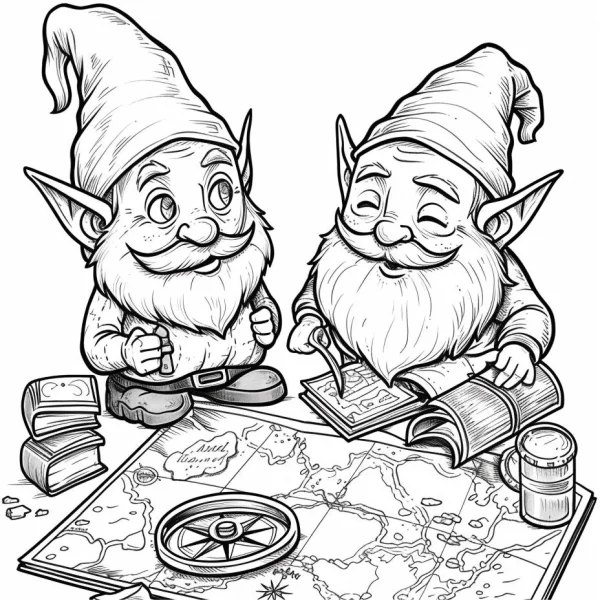 Two gnomes examining a map, cartoon style — free printable reading coloring book page